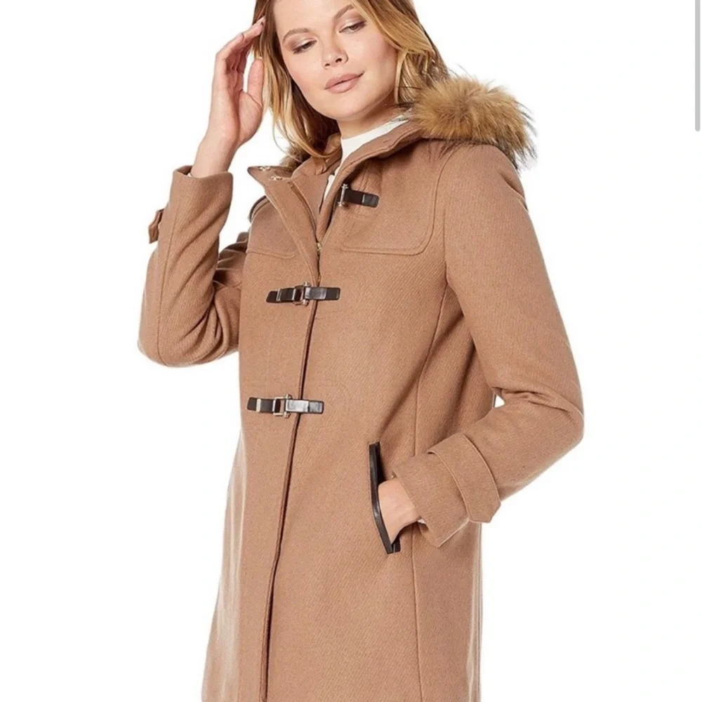 🧥 Cole Haan camel wool coat with faux fur trim hood 🧥 - Picture 1 of 4
